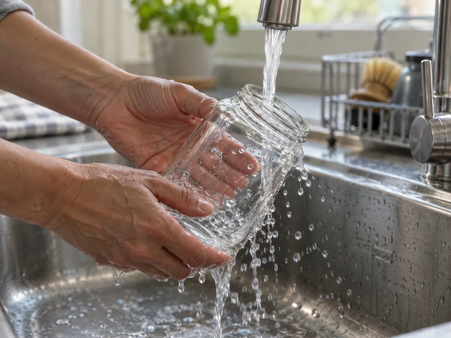 Hands rinsing an empty glass jar under a running tap at a kitchen sink