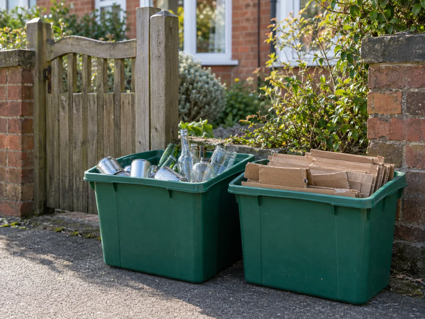 Kerbside recycling boxes by a front garden gate, filled with sorted cans, bottles and folded cardboard