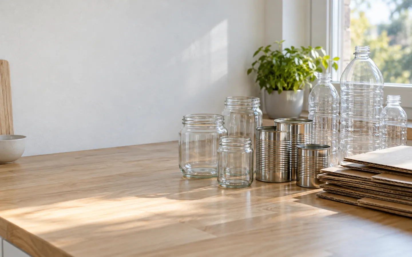 Clean empty packaging sorted on a kitchen worktop: glass jars, metal cans, plastic bottles and flattened cardboard boxes in natural light